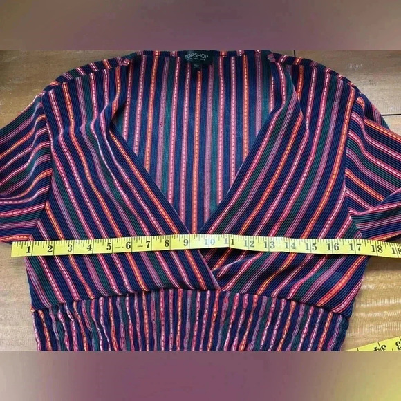 Topshop Striped Plisse Wrap Top in Navy Cropped Plunge Neck Blouse - Picture 13 of 14